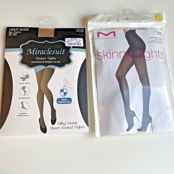 2 Shaper Tights Shapewear Size M Nude & Black Smoothes Shapes Tummy Control - Picture 1 of 10